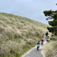 family on beach path